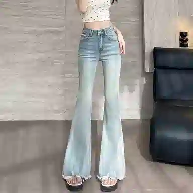 如续 美式复古毛边微喇修身高腰弹力拖地喇叭牛仔裤 女款