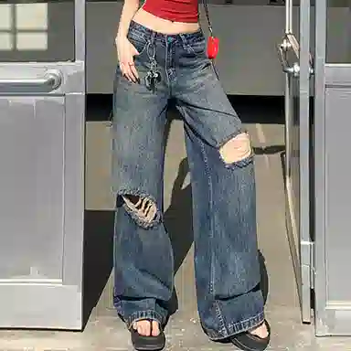 如续 破洞阔腿高腰高街宽松牛仔裤 女款