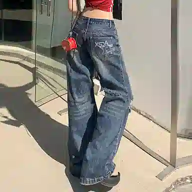 如续 破洞阔腿高腰高街宽松牛仔裤 女款