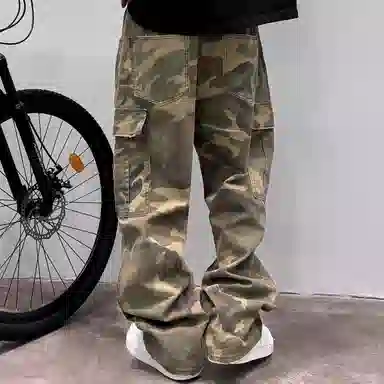 虫小绿 美式复古工装风迷彩直筒时尚潮流设计感宽松舒适百搭休闲裤 男女同款