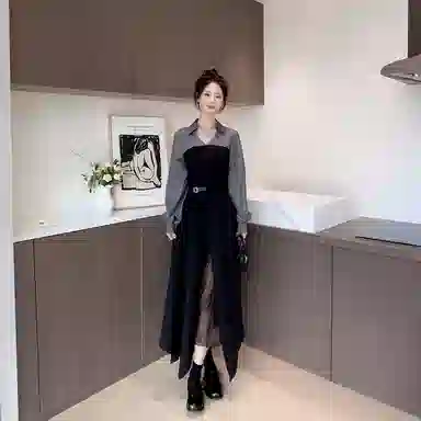 桴生 早秋赫本风时尚优雅蕾丝拼接不规则显瘦衬衫裙长袖连衣裙 女款