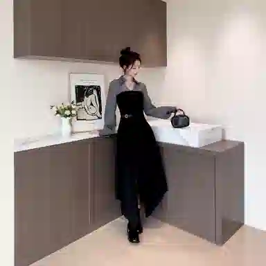 桴生 早秋赫本风时尚优雅蕾丝拼接不规则显瘦衬衫裙长袖连衣裙 女款
