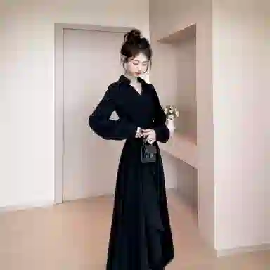 桴生 早秋赫本风时尚优雅蕾丝拼接不规则显瘦衬衫裙长袖连衣裙 女款