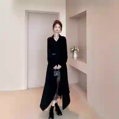 桴生 早秋赫本风时尚优雅蕾丝拼接不规则显瘦衬衫裙长袖连衣裙 女款