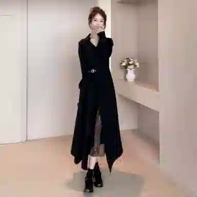 桴生 早秋赫本风时尚优雅蕾丝拼接不规则显瘦衬衫裙长袖连衣裙 女款
