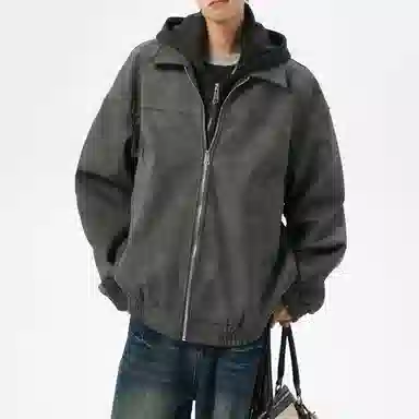 美式复古高街情侣大码假两件皮夹克时尚休闲百搭宽松连帽外套工装飞行员机车皮衣 男女同款