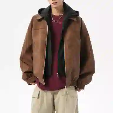 美式复古高街情侣大码假两件皮夹克时尚休闲百搭宽松连帽外套工装飞行员机车皮衣 男女同款