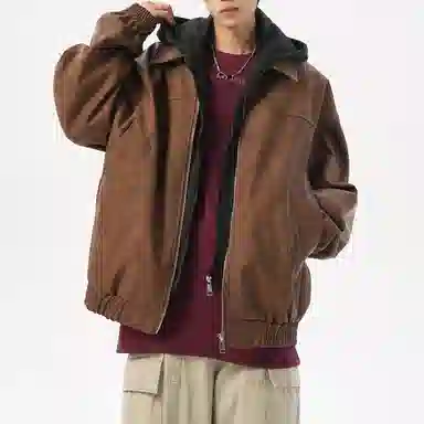 美式复古高街情侣大码假两件皮夹克时尚休闲百搭宽松连帽外套工装飞行员机车皮衣 男女同款