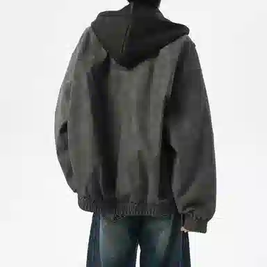 美式复古高街情侣大码假两件皮夹克时尚休闲百搭宽松连帽外套工装飞行员机车皮衣 男女同款