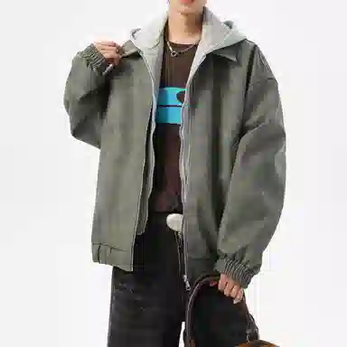 美式复古高街情侣大码假两件皮夹克时尚休闲百搭宽松连帽外套工装飞行员机车皮衣 男女同款