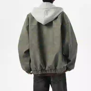 美式复古高街情侣大码假两件皮夹克时尚休闲百搭宽松连帽外套工装飞行员机车皮衣 男女同款