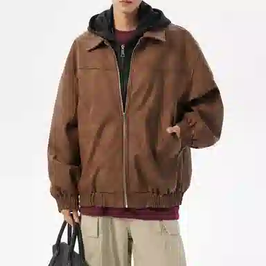 美式复古高街情侣大码假两件皮夹克时尚休闲百搭宽松连帽外套工装飞行员机车皮衣 男女同款