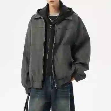 美式复古高街情侣大码假两件皮夹克时尚休闲百搭宽松连帽外套工装飞行员机车皮衣 男女同款