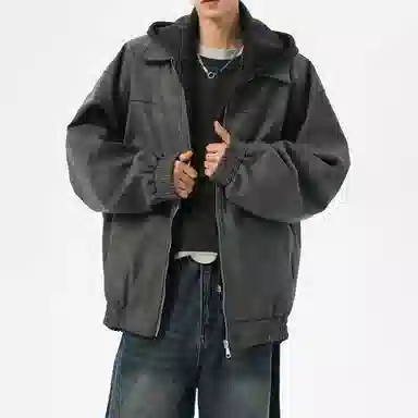 美式复古高街情侣大码假两件皮夹克时尚休闲百搭宽松连帽外套工装飞行员机车皮衣 男女同款