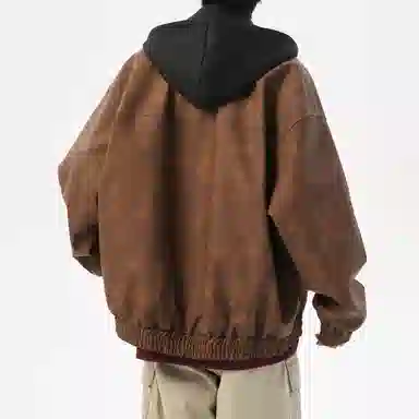 美式复古高街情侣大码假两件皮夹克时尚休闲百搭宽松连帽外套工装飞行员机车皮衣 男女同款