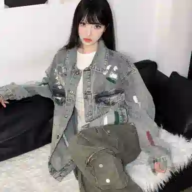 沐诚阳译 美式复古嘻哈街头做旧扎染破洞宽松时尚长袖牛仔外套 男女同款