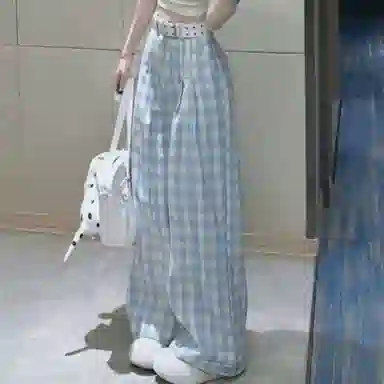 悍戈 日系百搭慵懒风直筒宽松显瘦阔腿拖地蓝色格子休闲裤 男女同款