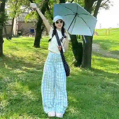 悍戈 日系百搭慵懒风直筒宽松显瘦阔腿拖地蓝色格子休闲裤 男女同款