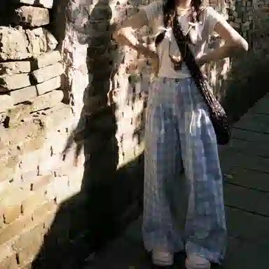 悍戈 日系百搭慵懒风直筒宽松显瘦阔腿拖地蓝色格子休闲裤 男女同款