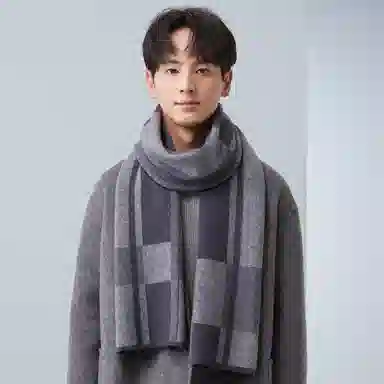 红豆 时尚柔软多变百搭格纹保暖 混纺 绒线围巾 男款