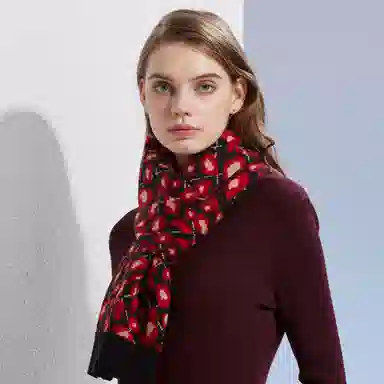 红豆 针织柔软时尚保暖豹纹 羊毛 绒线围巾 男女同款情侣款