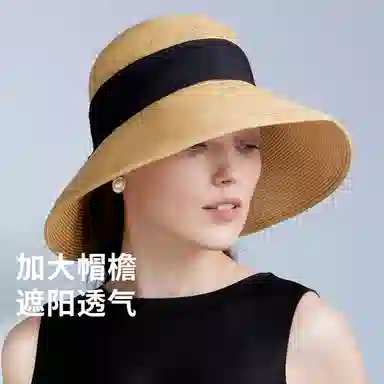 红豆 草帽夏季遮阳沙滩帽防紫外线大檐透气编织草帽渔夫帽 聚酯纤维 防晒帽 女款