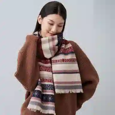 红豆 时尚百搭条纹复古保暖舒适优雅 混纺 绒线围巾 男女同款情侣款