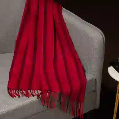 红豆 毛绒竖格水纹条纹方格 绵羊绒 绒线围巾 男女同款情侣款