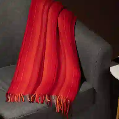 红豆 毛绒竖格水纹条纹方格 绵羊绒 绒线围巾 男女同款情侣款