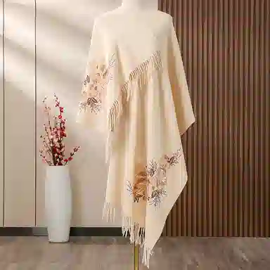 红豆 品牌刺绣披肩两用宽大保暖 羊毛 绒线围巾 男女同款情侣款