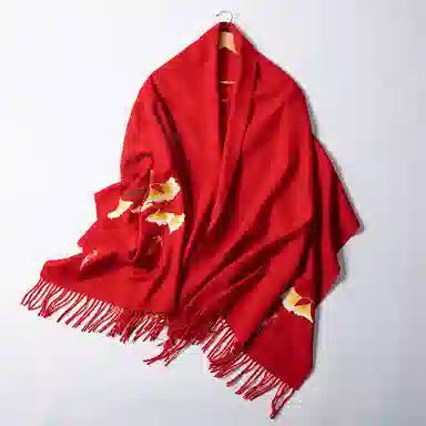 红豆 品牌刺绣大红酒红时尚百搭喜庆保暖玉兰锦鲤#好运 羊毛 绒线围巾 男女同款情侣款