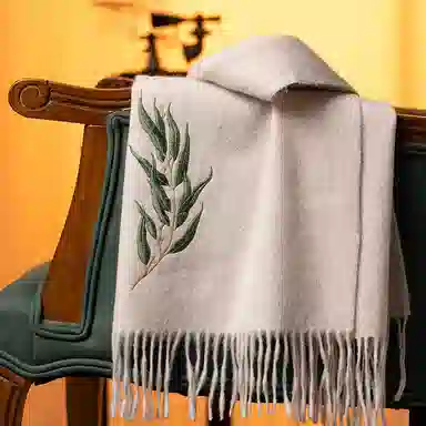 红豆 品牌时尚百搭保暖刺绣山水五福临门玉兰荷花云山龟背竹 羊毛 围巾 男女同款情侣款