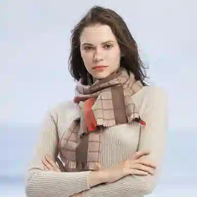 红豆 格子拼色舒适时尚百搭 羊绒 绒线围巾 男女同款情侣款