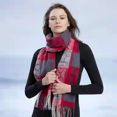 红豆 经典百搭柔软舒适保暖格子 山羊绒 绒线围巾 男女同款情侣款