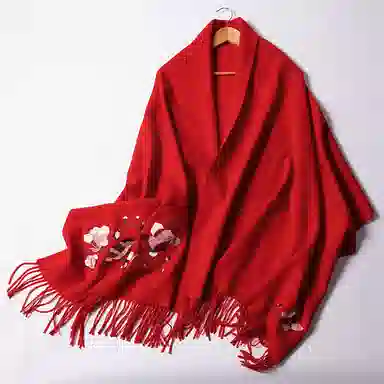 红豆 品牌刺绣大红酒红时尚百搭喜庆保暖玉兰锦鲤#好运 羊毛 绒线围巾 男女同款情侣款