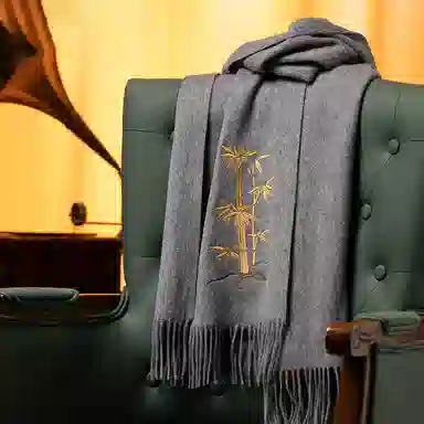 红豆 品牌时尚百搭保暖刺绣山水五福临门玉兰荷花云山龟背竹 羊毛 围巾 男女同款情侣款