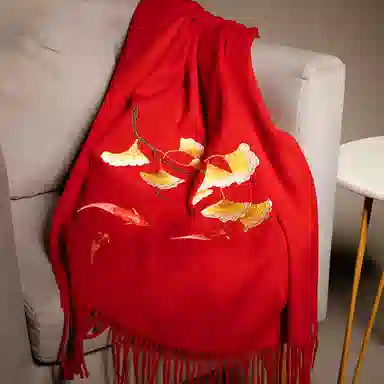 红豆 品牌刺绣大红酒红时尚百搭喜庆保暖玉兰锦鲤#好运 羊毛 绒线围巾 男女同款情侣款