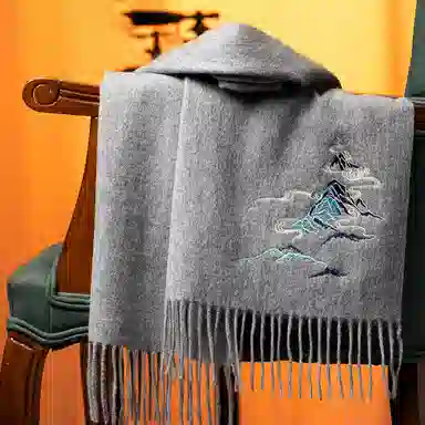 红豆 品牌时尚百搭保暖刺绣山水五福临门玉兰荷花云山龟背竹 羊毛 围巾 男女同款情侣款