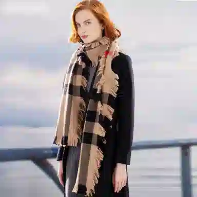 红豆 细绵格子条纹简约大方 羊毛 绒线围巾 男女同款情侣款