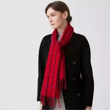 红豆 毛绒竖格水纹条纹方格 绵羊绒 绒线围巾 男女同款情侣款