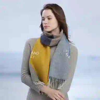 红豆 品牌拼接灰色时尚保暖百搭舒适 羊毛 绒线围巾 男女同款情侣款