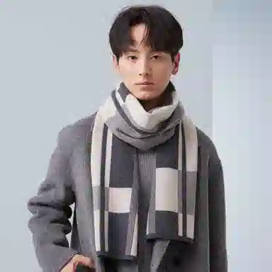 红豆 时尚柔软多变百搭格纹保暖 混纺 绒线围巾 男款