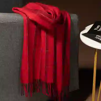 红豆 毛绒竖格水纹条纹方格 绵羊绒 绒线围巾 男女同款情侣款