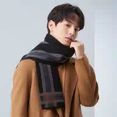 红豆 优雅柔软时尚保暖条纹格 棉羊毛 绒线围巾 男款
