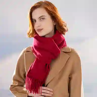 红豆 经典纯色轻盈柔软时尚百搭 羊毛 绒线围巾 男女同款情侣款