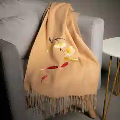 红豆 品牌刺绣大红酒红时尚百搭喜庆保暖玉兰锦鲤#好运 羊毛 绒线围巾 男女同款情侣款