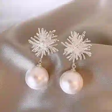 澜耀 银色烟花珍珠耳坠 小众素款欧若精灵风高级感耳饰 合金 耳环 女款