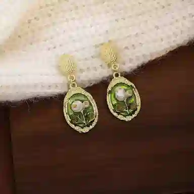 澜耀 绿绮画框 油画风法式 轻奢绿色耳饰 铜合金 耳环 女款