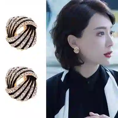 澜耀 黑金旋钻 复古螺旋条纹镶钻 个性网红气质高级感耳饰 铜合金 耳环 女款
