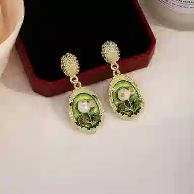 澜耀 绿绮画框 油画风法式 轻奢绿色耳饰 铜合金 耳环 女款